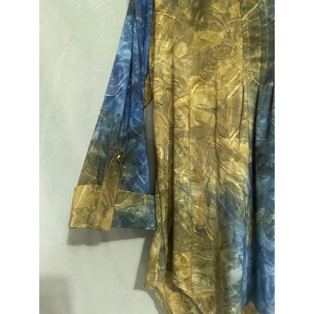 New Directions Petite Blue Olive Green Tie Dye Pintuck Henley Blouse PL - Picture 2 of 5